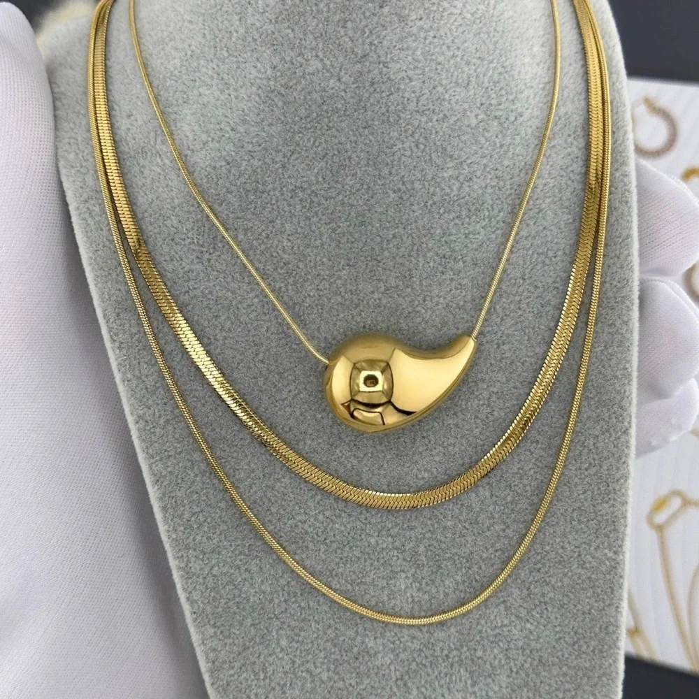Layered Herringbone Snake Chain Necklace 18K Gold Plated Stainless Steel NWT